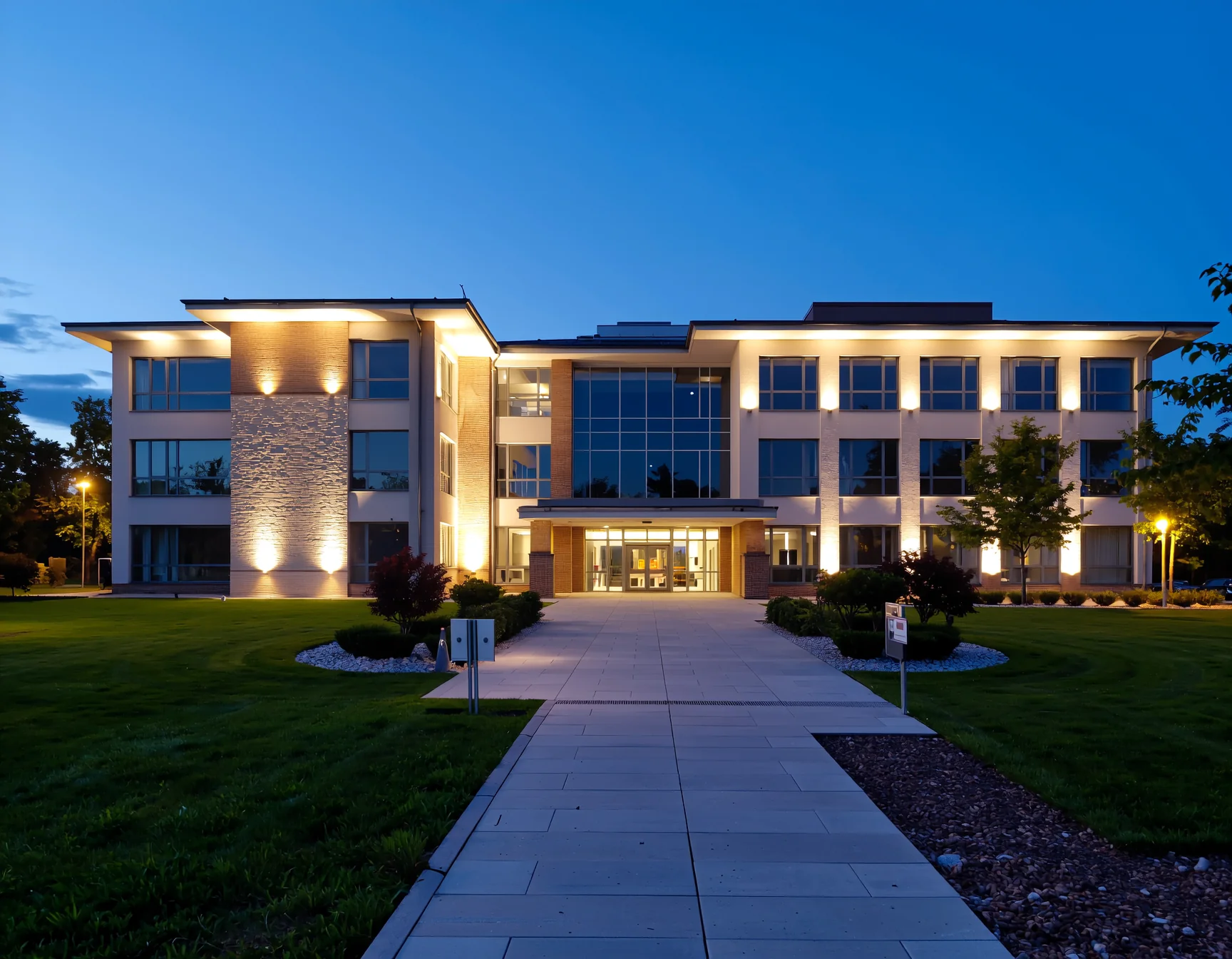 Corporate campus with professional exterior and landscape lighting