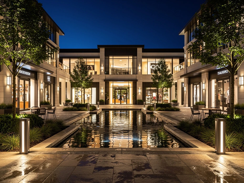 Commercial fountain with underwater LED lighting at night