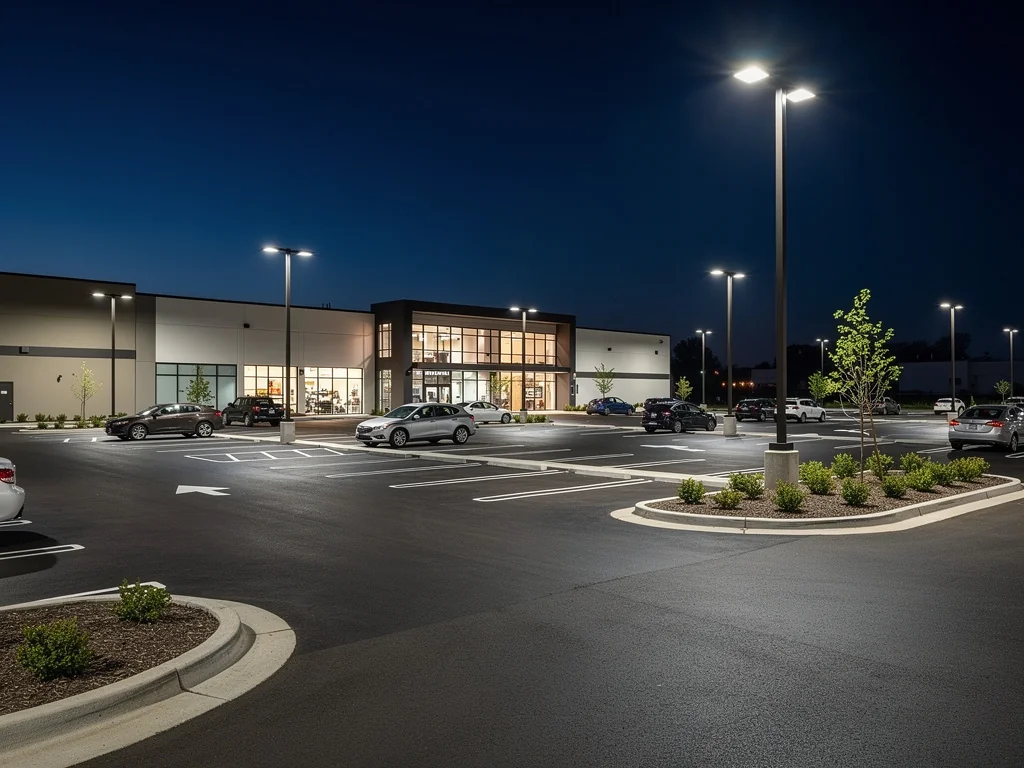 Well-lit commercial parking lot with LED pole lighting