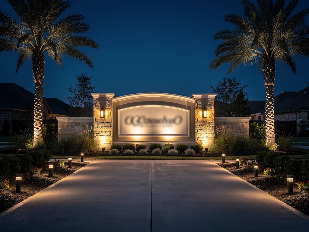 Illuminated business sign and monument lighting at night