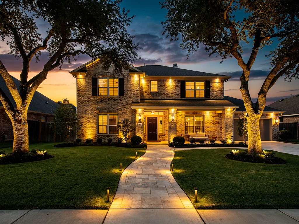Cypress Texas neighborhood with outdoor lighting