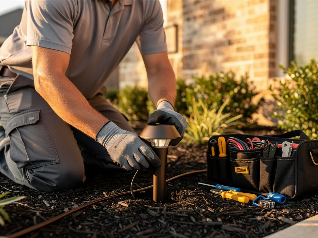 Technician performing outdoor lighting maintenance