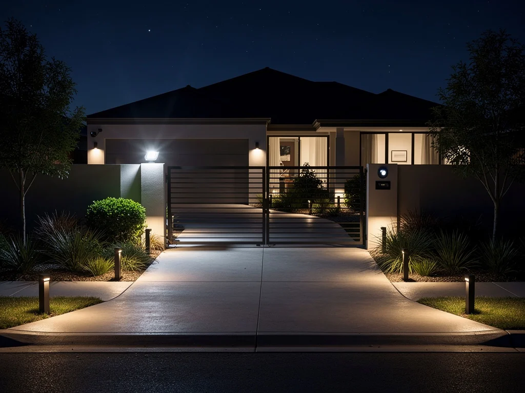 Home exterior with architectural uplighting on columns and facade
