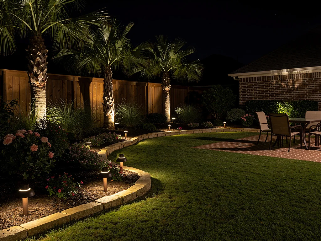 Residential yard with landscape uplighting on trees and garden beds
