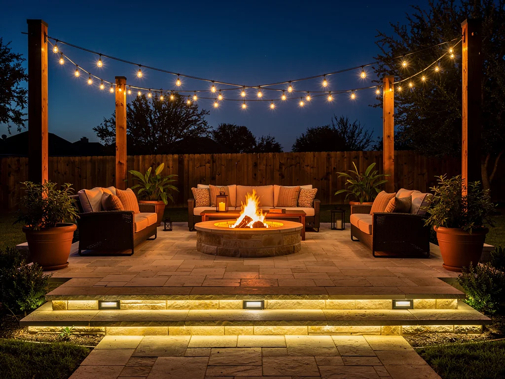 Outdoor patio and deck with warm ambient lighting at night