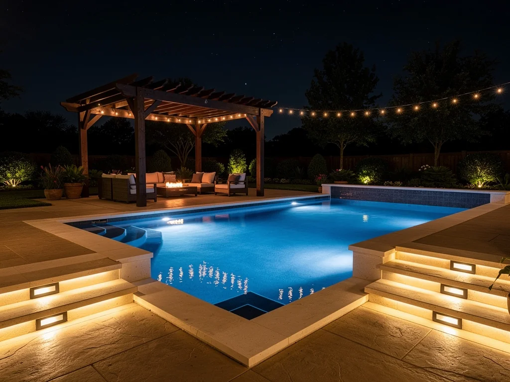 Backyard pool with underwater LED lighting glowing at night