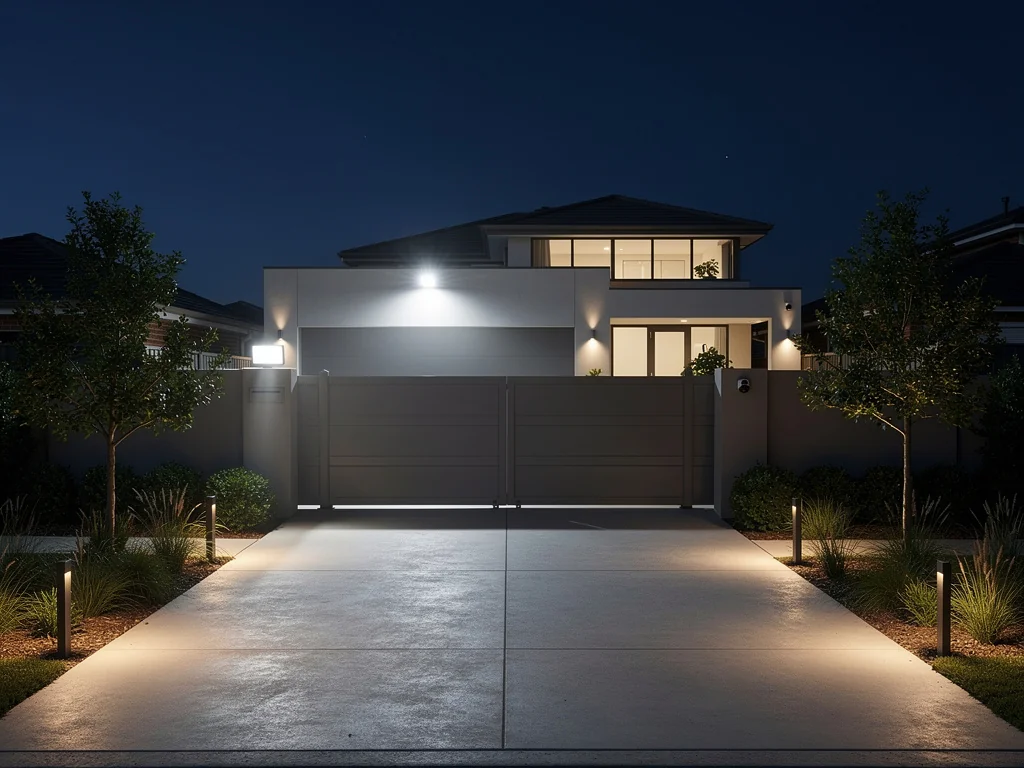 Home perimeter with motion-activated security lighting at night